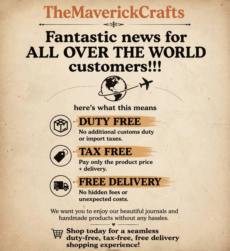 Peut inclure: Un graphique informatif beige avec du texte noir intitul&eacute; TheMaverickCrafts. Il pr&eacute;sente une ic&ocirc;ne de globe avec un avion, et trois ic&ocirc;nes circulaires repr&eacute;sentant hors taxes, sans taxe et livraison gratuite, avec du texte expliquant ces politiques.