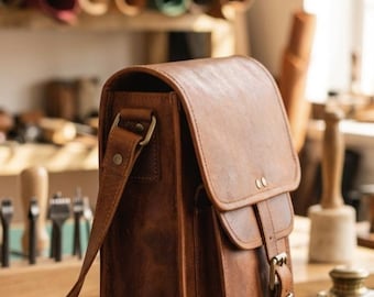 Handmade Vintage Leather Crossbody Bag – Full Grain Brown Shoulder Bag, Rustic Everyday Messenger Sling Bag for Men & Women