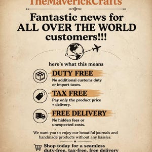 Puede incluir: Un gr&aacute;fico informativo beige con texto negro titulado TheMaverickCrafts. Presenta un icono de globo terr&aacute;queo con un avi&oacute;n y tres iconos circulares que representan libre de impuestos, sin tasas y env&iacute;o gratuito, con texto explicativo.