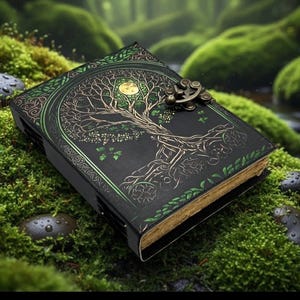 May include: A black journal with a tree of life design, accented with green and gold details. The cover features an intricate embossed tree illustration with a full moon. The journal is secured with a metal clasp and rests on a bed of moss.