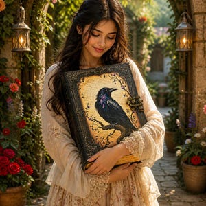 May include: A large, antique-style book with a raven illustration on the cover. The raven is perched on a branch, with a purple and black color scheme. The book has a dark, ornate frame and a clasp. The background is a soft, parchment-like color.