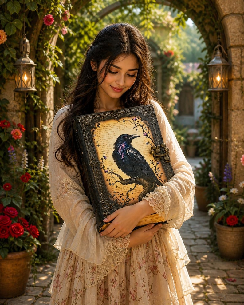 May include: A large, antique-style book with a raven illustration on the cover. The raven is perched on a branch, with a purple and black color scheme. The book has a dark, ornate frame and a clasp. The background is a soft, parchment-like color.
