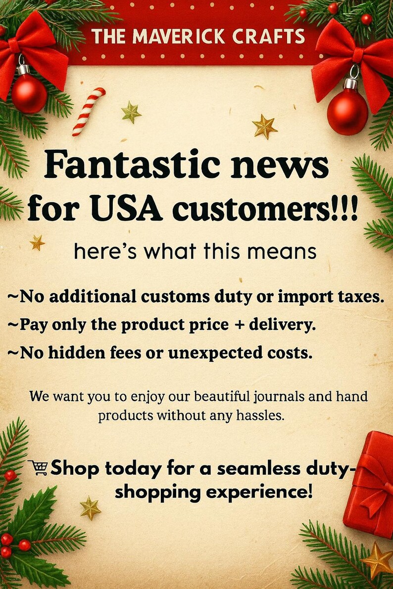 May include: A festive advertisement with text "Fantastic news for USA customers!!!" framed by Christmas decorations. The announcement highlights no customs duty, product price plus delivery, and no hidden fees. The Maverick Crafts logo is at the top.