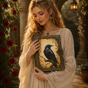 May include: A decorative book with a detailed illustration of a black raven perched on a branch. The book has an ornate, antique-style frame. The background features a soft, vintage aesthetic with red roses and warm lighting.