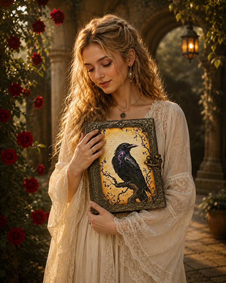 May include: A decorative book with a detailed illustration of a black raven perched on a branch. The book has an ornate, antique-style frame. The background features a soft, vintage aesthetic with red roses and warm lighting.