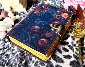 Hand-Painted Celestial Leather Journal, Zodiac Grimoire, Witchy Spell Book