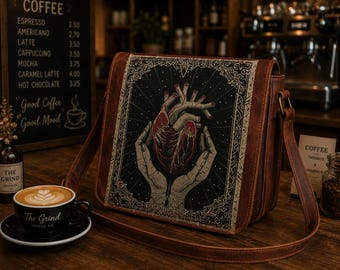 Handgemaakte gotische hart lederen schoudertas voor vrouwen, vintage boho crossbody tas, donkere Academia laptopschoudertas voor hem haar