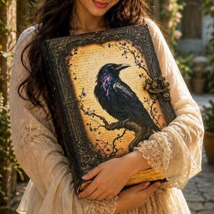 May include: A large, antique-style book with a detailed illustration of a black raven perched on a branch. The book has an ornate, dark frame and a clasp. The background features aged paper with script and floral accents.