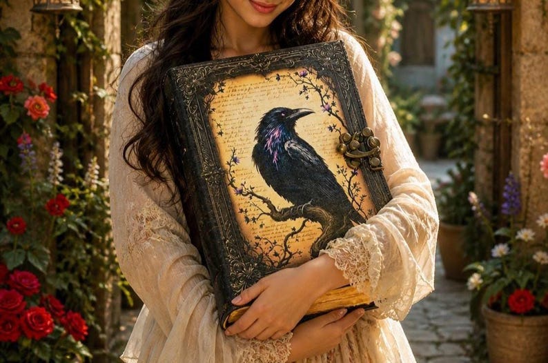 May include: A large, antique-style book with a detailed illustration of a black raven perched on a branch. The book has an ornate, dark frame and a clasp. The background features aged paper with script and floral accents.