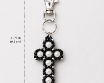 Moonlit Relic Cross Charm | Gothic Beaded Keychain | Dark Academia Purse Accessory | Handmade Faith Gift
