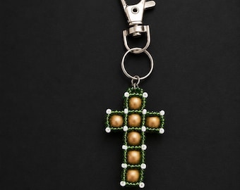 Emerald Relic Cross Charm | Medieval Fantasy Keychain | Gothic Christian Bag Charm | Handmade Accessory