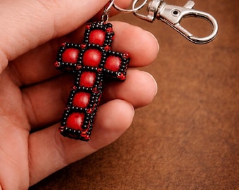 Crimson Gothic Cross Charm | Handmade Beaded Keychain | Dark Fantasy Purse Accessory | Christian Goth Gift