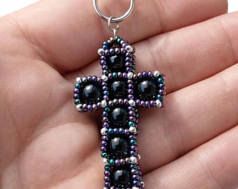 Amethyst Gothic Cross Keychain | Dark Fantasy Purse Charm | Handmade Christian Accessory | Witchy Aesthetic