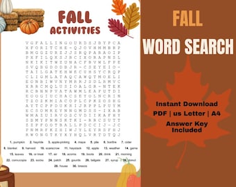 May include: A fall-themed word search puzzle with the title "Fall Word Search" in orange and white text. The image includes a list of fall-related words to find, a large orange leaf, and the words "Instant Download PDF | us Letter | A4 Answer Key Included."