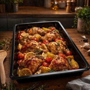 Puede incluir: Una bandeja rectangular negra llena de trozos de pollo asado, tomates cherry, rodajas de limón y patatas. Ramitas de romero adornan el plato. La comida está dispuesta sobre una superficie de madera.
