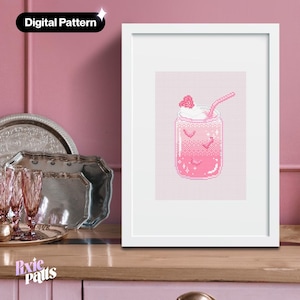 Patrón de punto de cruz de bebida rosa, descarga instantánea, decoración DIY, batido de fresa