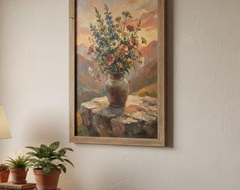 Wildflowers Vase Mountain Landscape Print – Hand-Painted Style Wall Art (Digital Download)