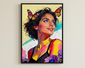 Pintura al óleo de mujer con mariposas, arte de mariposa monarca, retrato con técnica de impasto, lámina floral de mujer, descarga digital