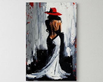Lámina artística Mujer con sombrero rojo / Pintura figurativa vista desde atrás / Arte mural femenino con técnica de empaste texturizado al óleo Descarga digital imprimible al instante