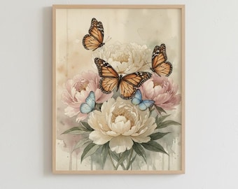 Lámina artística de mariposas y peonías / Arte mural botánico vintage / Descarga digital estilo cottagecore / Decoración imprimible instantánea con pintura floral rosa