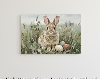 Pintura al óleo vintage de conejo de Pascua, arte mural con huevos de conejo antiguos (descarga digital)