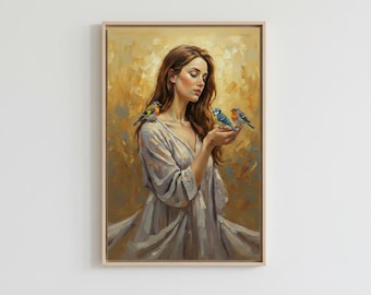 Mujer con pájaros - Lámina artística - Retrato de naturaleza - Estilo cottagecore - Pintura - Hora dorada - Estilo óleo - Descarga digital - Impresión instantánea