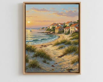 Arte mural de un pueblo costero mediterráneo, paisaje playero al atardecer, impresión impresionista al óleo (descarga digital)