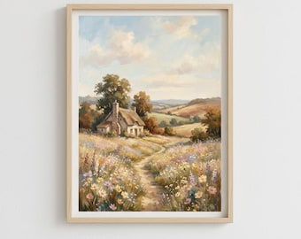 Pintura al óleo de una idílica cabaña, paisaje de campo de flores silvestres, arte mural campestre en tonos pastel, descarga digital, estilo impresionista, alta resolución.