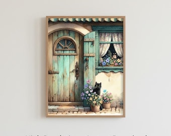 Cuadro decorativo de acuarela con temática de casa rústica, casita de cuento con gato negro, descarga digital floral, decoración vintage acogedora.