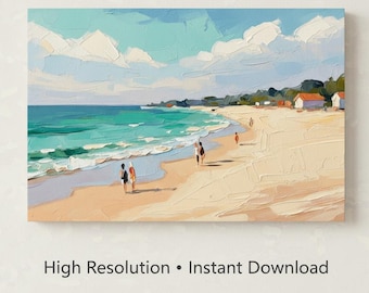 Pintura de playa con técnica impasto, paisaje marino texturizado en tonos turquesa, descarga digital, arte mural costero, estilo plein air, impresión de alta resolución.