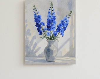 Lámina artística de acuarela de delfinio azul / Pintura floral de gran formato / Decoración botánica para pared / Descarga instantánea imprimible / Arte minimalista neutro