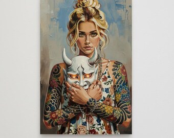 Mujer con máscara de Oni / Chica japonesa con tatuaje Irezumi / Retrato místico pintado al óleo / Arte de pared imprimible al instante mediante descarga digital