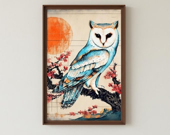 Lámina artística de lechuza común estilizada, póster inspirado en la xilografía japonesa (descarga digital)