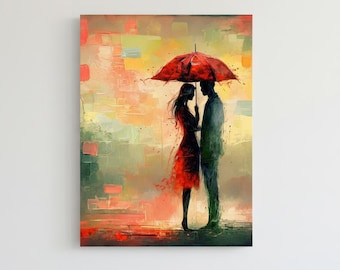 Cuadro al óleo de una pareja romántica bajo un paraguas rojo, arte impresionista de un día lluvioso (descarga digital).