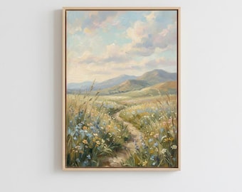 Pintura al óleo de un prado de flores silvestres, arte mural con paisajes en tonos pastel (descarga digital)