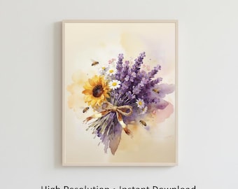 Lámina artística de ramo de lavanda y girasoles / Acuarela floral con abejas / Descarga digital estilo cottagecore / Arte de pared rústico de granja instantáneo