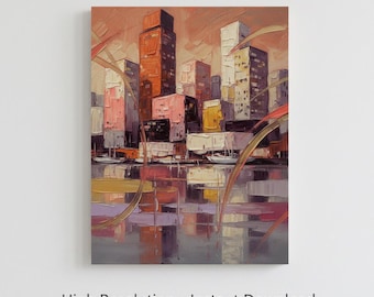 Lámina de arte abstracto de paisaje urbano / Pintura urbana en tonos cálidos de naranja y rosa / Arte mural arquitectónico con técnica de empaste / Decoración imprimible digital de descarga instantánea