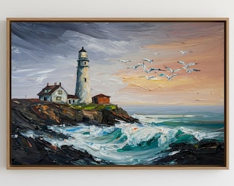 Lámina artística vintage con paisaje marino de faro / Pintura de olas del océano / Arte mural costero / Descarga digital instantánea para decoración de playa