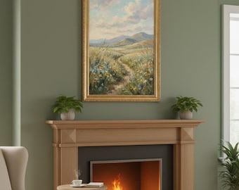 Pintura de paisaje con sendero de prado de flores silvestres - Impresión al óleo vertical (descarga digital)