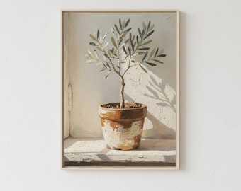 Pintura al óleo de olivo en maceta, arte botánico impresionista, lámina botánica minimalista, decoración rústica para el alféizar de la ventana, descarga digital.