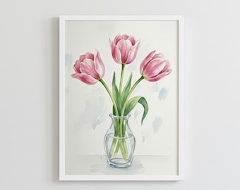 Tres tulipanes rosas pintados en acuarela, arte botánico floral, lámina minimalista de primavera, decoración en tonos pastel suaves, descarga digital.