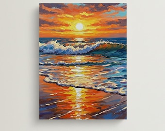 Lámina artística de pintura de puesta de sol sobre el océano / Arte mural de paisaje marino con técnica impasto / Decoración costera de playa / Descarga digital instantánea de paisaje de olas para imprimir