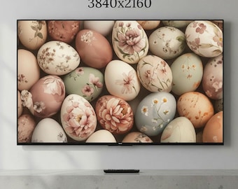Arte floral vintage con huevos de Pascua, acuarela primaveral, Samsung Frame TV (descarga 4K)