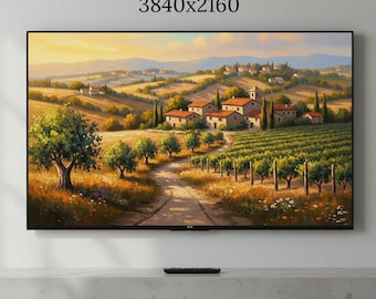 Arte mural de un pueblo italiano, televisor Samsung con marco, pintura al óleo impresionista "Atardecer dorado" (pantalla digital)