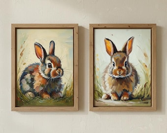 Par de conejitos de Pascua vintage, juego de 2 láminas decorativas de conejos para pared, descarga digital, láminas de estilo antiguo, decoración primaveral de estilo rústico.