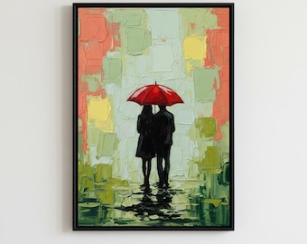 Arte mural abstracto de pareja con paraguas rojos, impresión de paisaje pictórico (descarga digital)