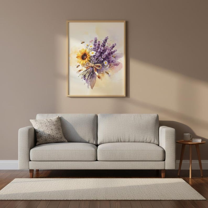 Lavender Sunflower Bouquet Art Print | Watercolor Floral with Bees | Cottagecore Digital Download | Rustic Farmhouse Wall Art Instant image 6