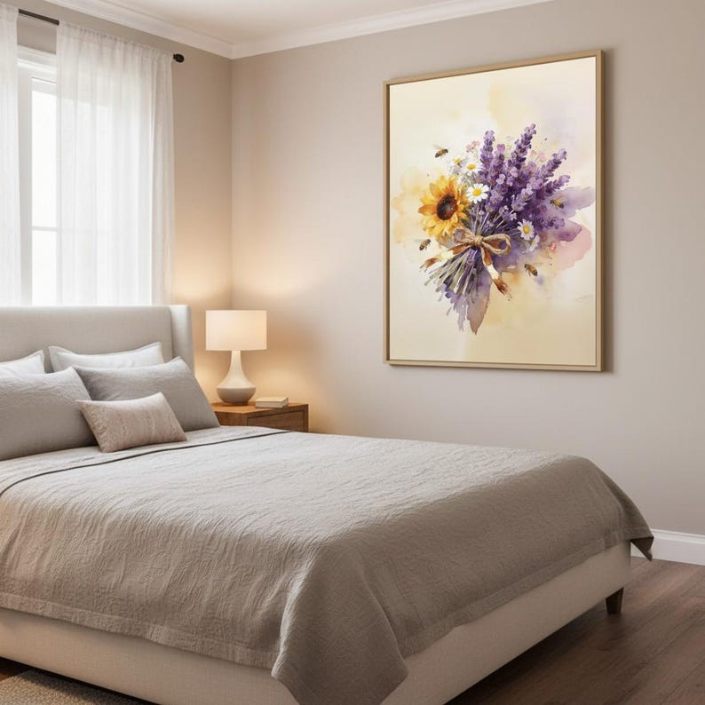 Watercolor floral bouquet in bedroom, lavender sunflower bee art print above bed, soft cottagecore bedroom decor