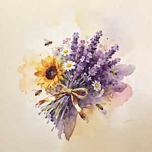 Close-up lavender sunflower watercolor detail, bee and daisy bouquet painting texture, rustic floral art print brushstrokes