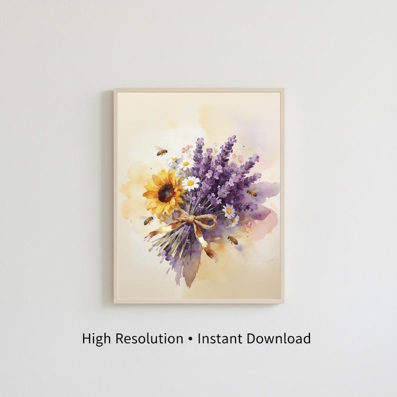 Lavender sunflower bouquet watercolor art print, floral painting with bees and daisies, cottagecore rustic wall art, instant download